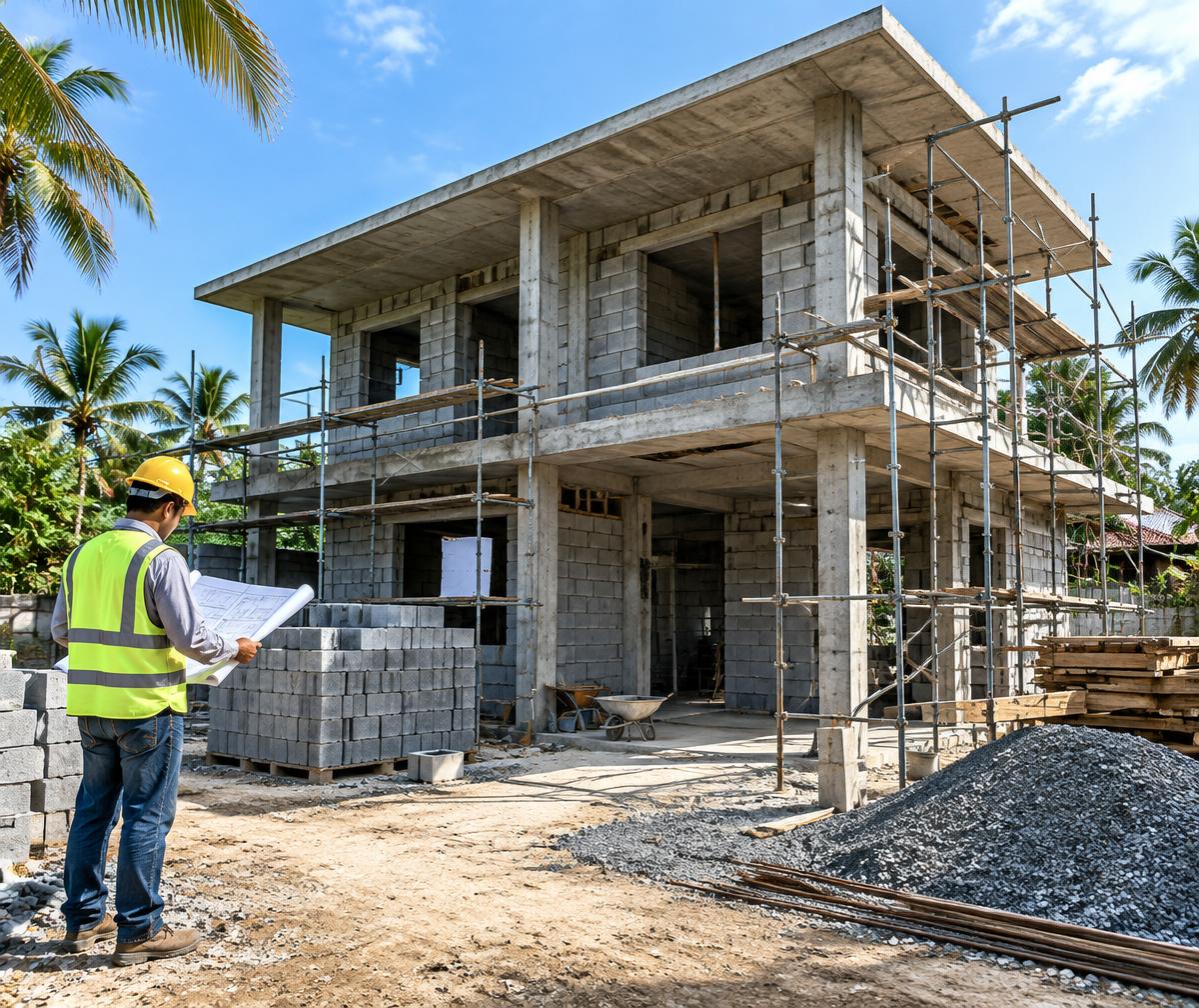Construction professional reviewing plans at a residential building site
