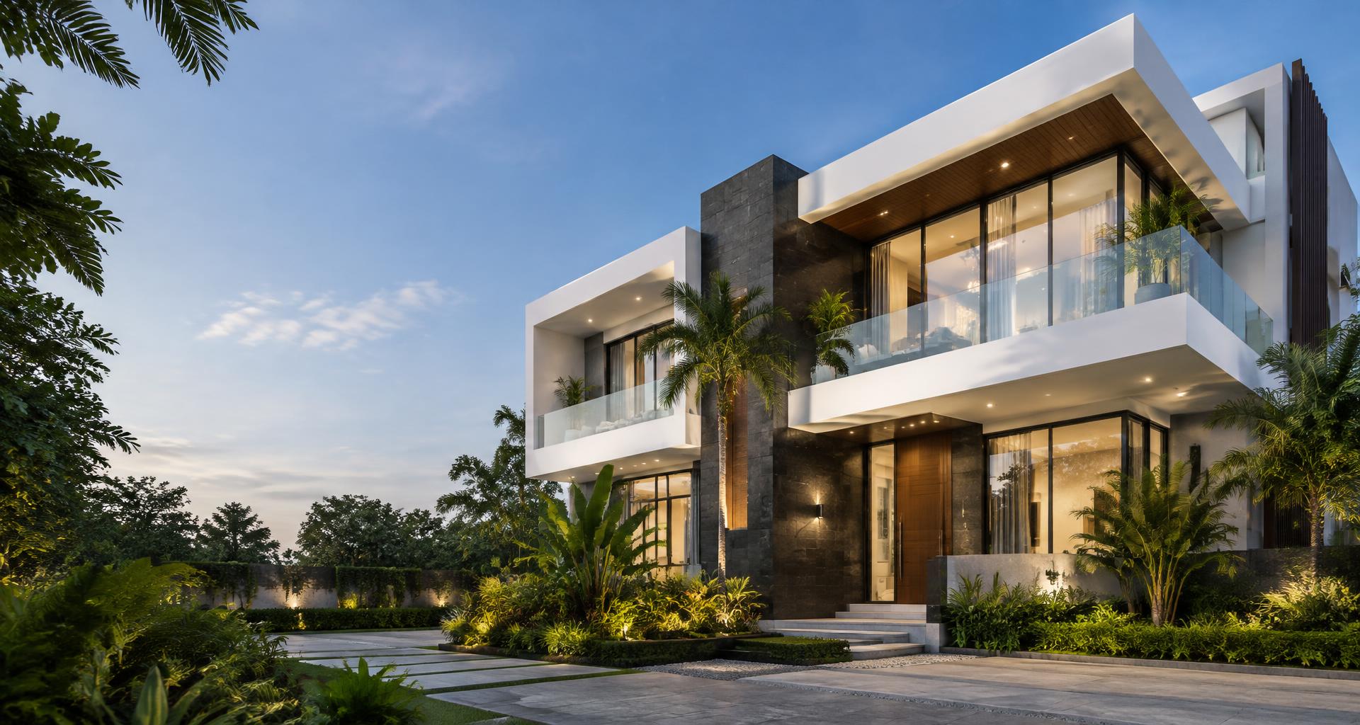 Contemporary residential architecture with landscaped grounds